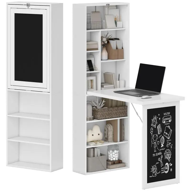 Wall-Mounted Fold-Down Desk with Bookcase and Chalkboard