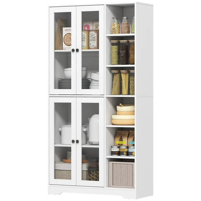 Kitchen cabinet with glass doors, shelves, open storage, 172 cm tall, MDF, white