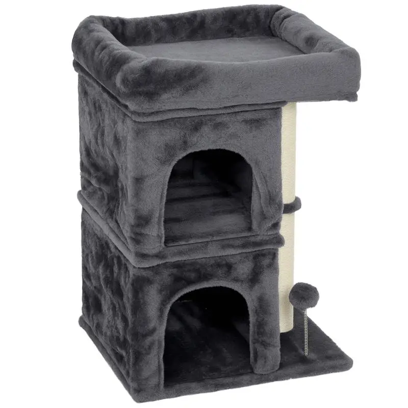 Cat scratching post, cat tower, 2 caves, platform, sisal posts, compact, dark grey