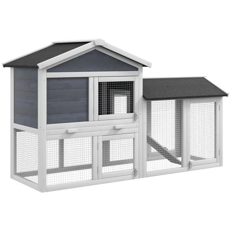 Small animal hutch with run, fir wood, 147 x 54 x 84 cm, grey