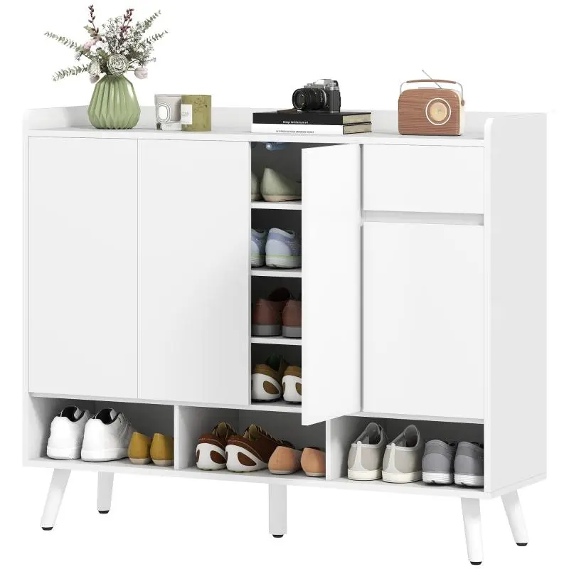 Handle-Free Shoe Cabinet, 4 Doors, White