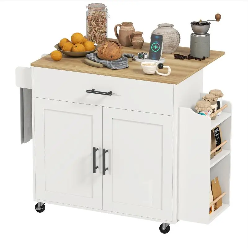 Kitchen Island Trolley with Fold-Down Worktop