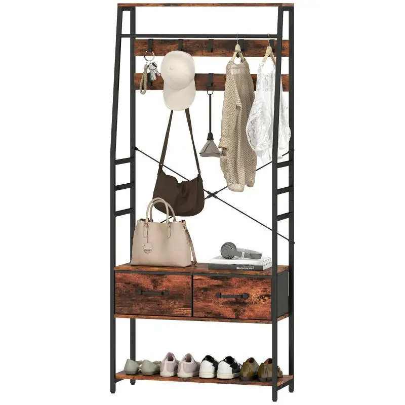 Entryway Coat Rack with Bench and Shoe Storage