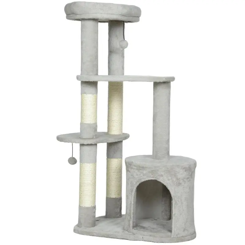 Cat tree 114 cm cat tower with cave, sisal posts, platform, multi-level for medium-sized cats under 6 kg, light grey
