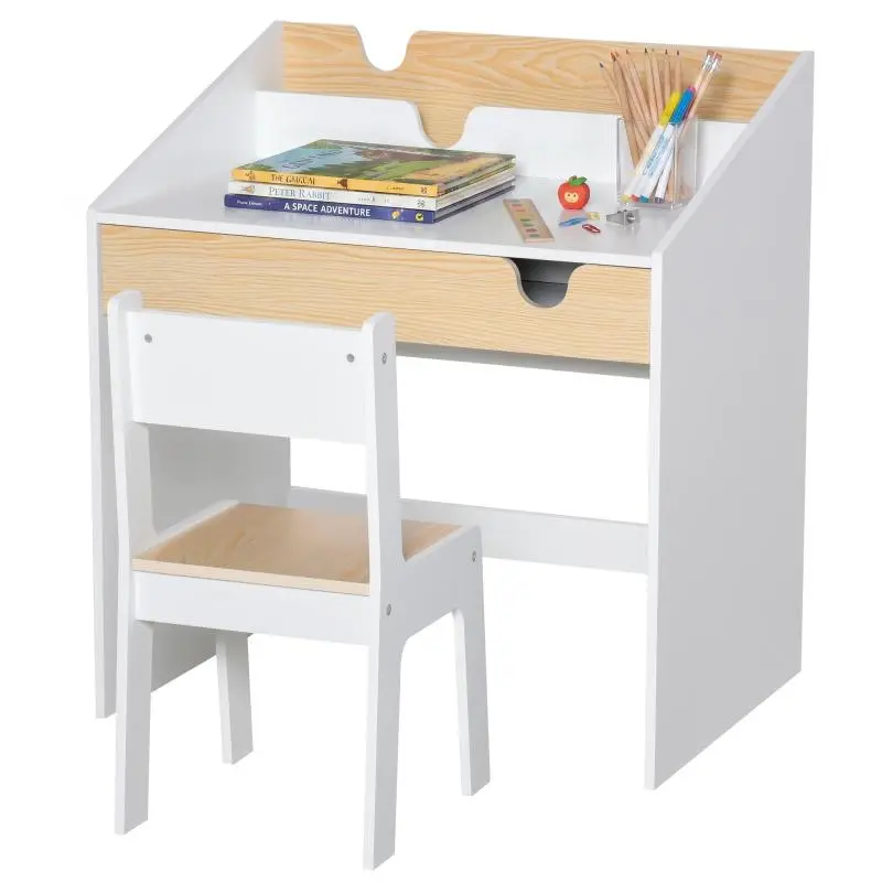Children's Desk and Chair Set with Drawer and Shelf, Rounded Edges, Ages 6–10, White and Wood