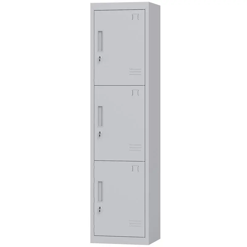 Steel Office Cabinet with 3 Lockable Doors, Light Grey