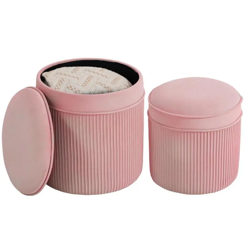 Set of 2 Round Storage Footstools, Pink