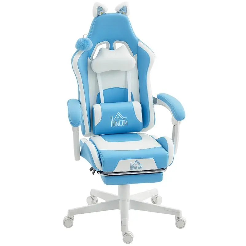 Reclining Gaming Chair with Footrest and Cushions, Faux Leather and Sponge, 65x62x116-124 cm, White and Pink