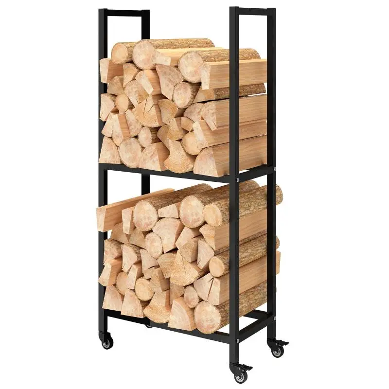 Two-Tier Steel Firewood Rack with Wheels, 60 cm