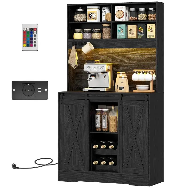 Tall Kitchen Cabinet with Wine Rack and Charging Ports