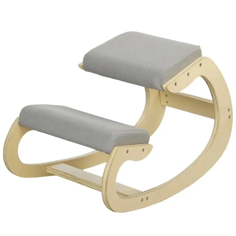 Ergonomic Kneeling Chair with Reclining Function, in Linen and Wood Effect Fabric, 55x85x55 cm, Light Grey