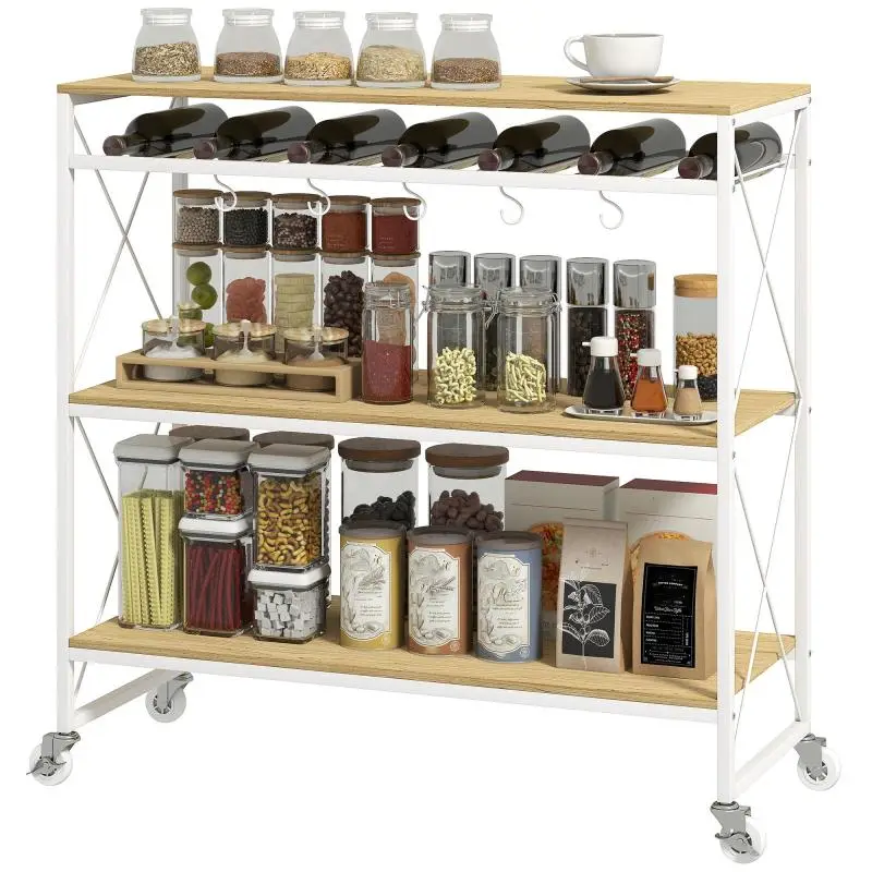 4-Tier Serving Cart with Bottle Rack and Hooks
