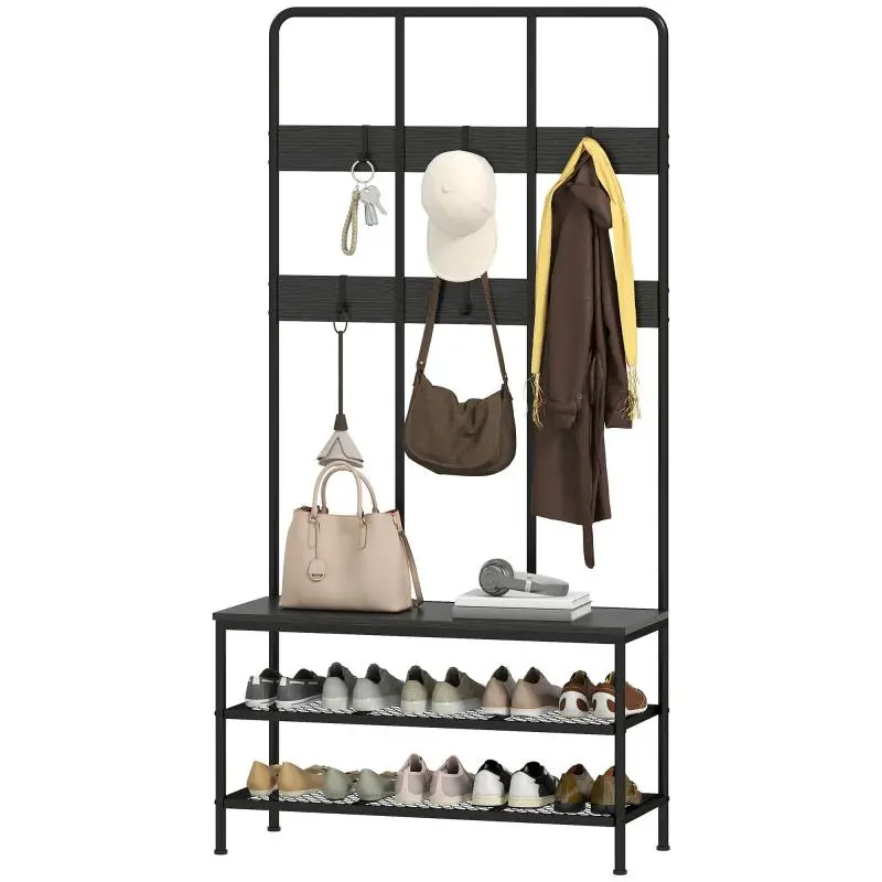 Entryway Coat Rack with Bench and Shoe Storage