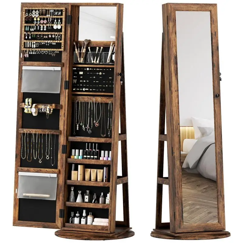 Swivel Jewellery Mirror with Shelves and Lock