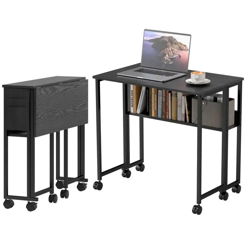 Space-Saving Folding Drop-Leaf Desk with Shelf, Storage Pocket, and Wheels, Black