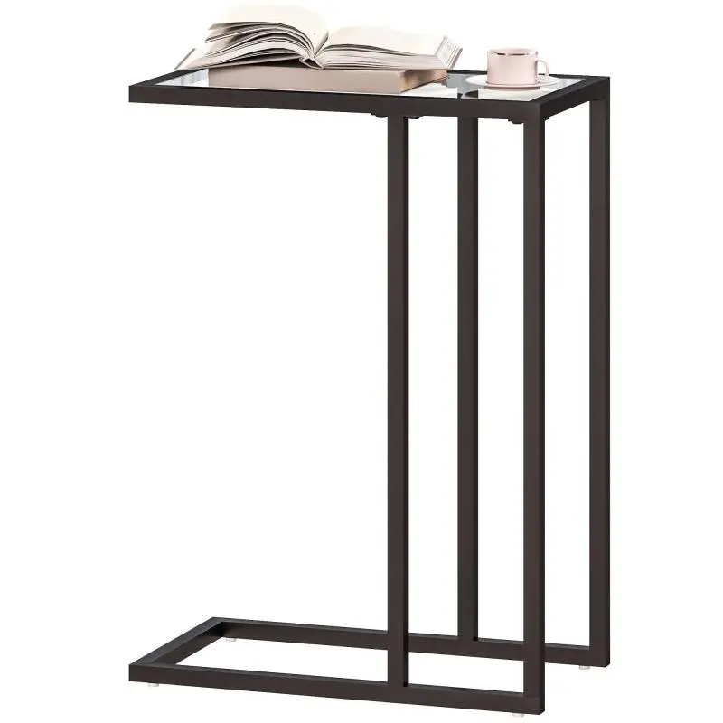 C-Shaped Glass and Steel Coffee Table, 46x25x63.5 cm, Black