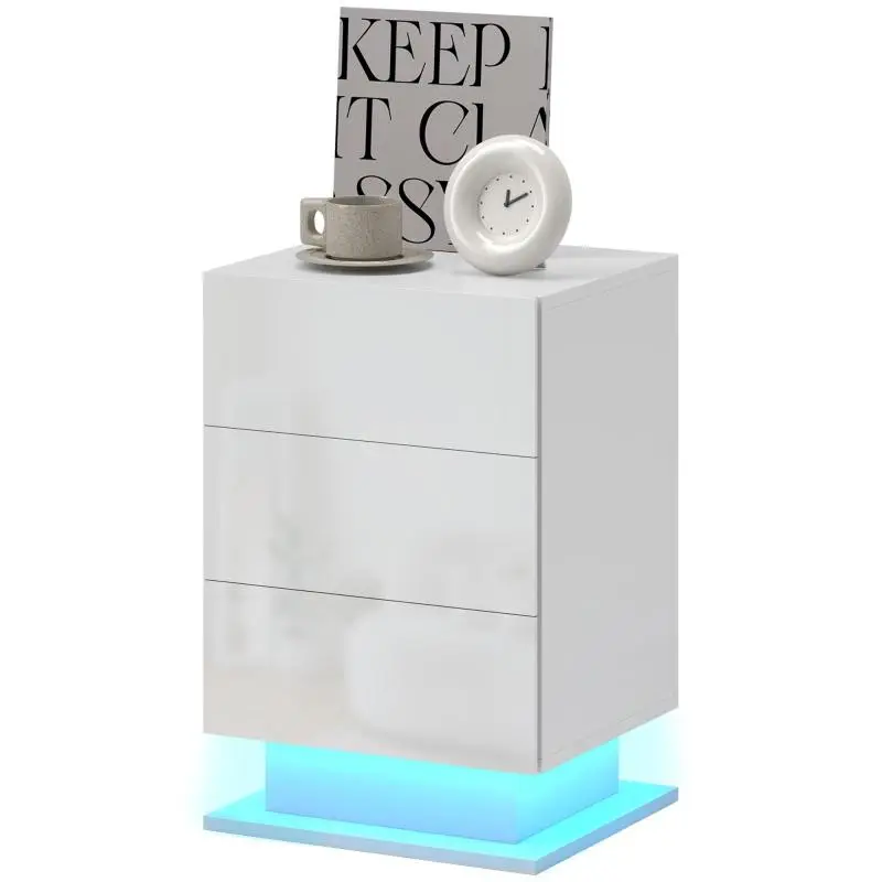 Bedside Table with LED Light and 3 Drawers, 40 x 35 x 60 cm, Gloss White