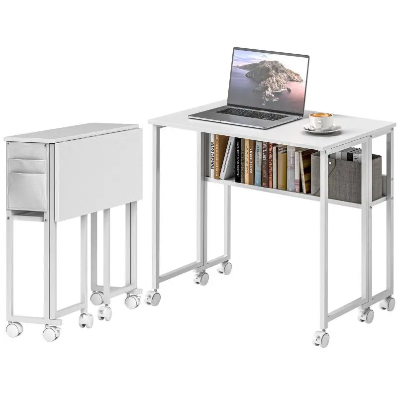 Space-Saving Folding Drop-Leaf Desk with Shelf, Storage Pocket, and Wheels, White