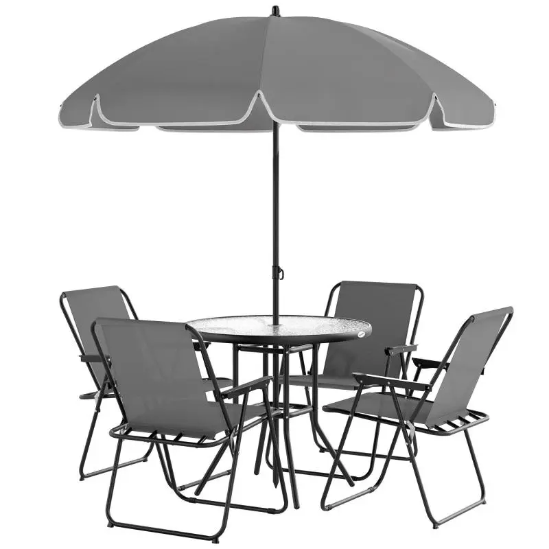 6-Piece Garden Dining Set with Parasol, Grey and Black