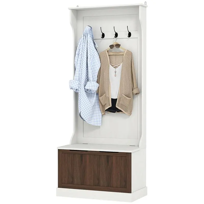 Coat Rack with Storage Bench, White