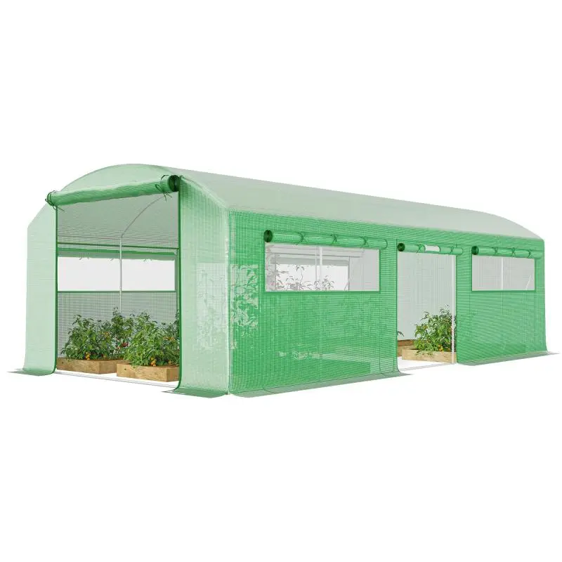 Tunnel Greenhouse with 3 Roll-Up Doors and 6 Windows