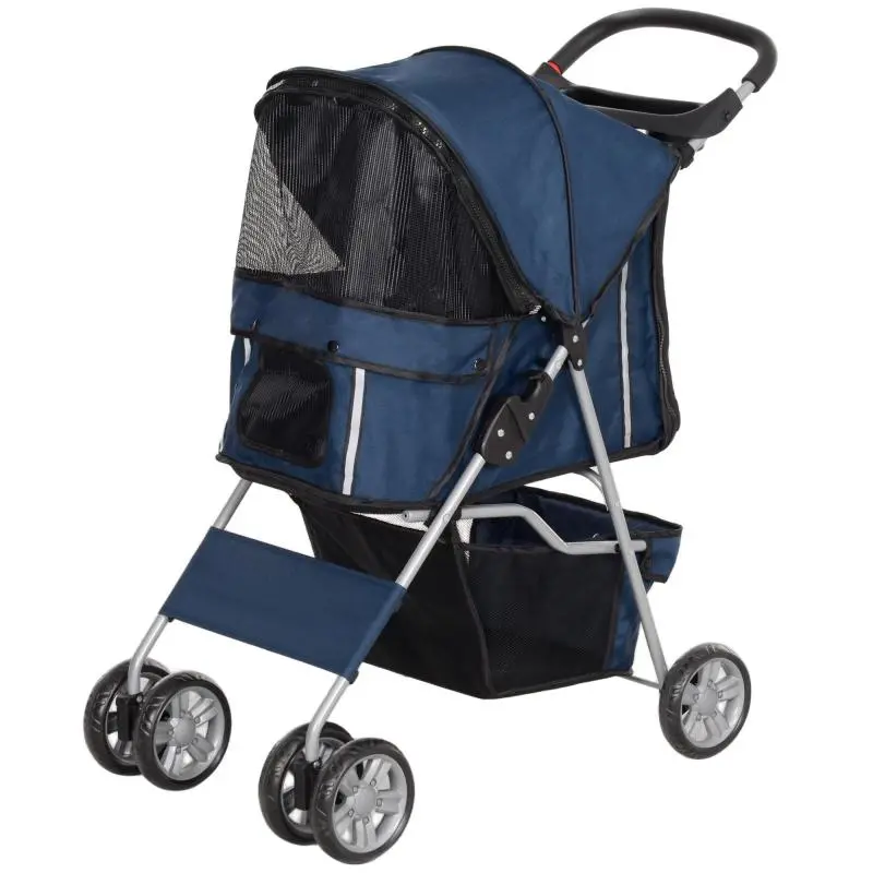 Foldable Dog Stroller with Basket, Dark Blue