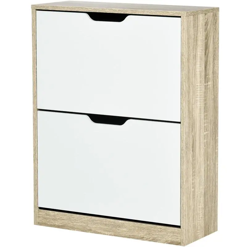 Slim Shoe Cabinet with 2 Drawers, Natural Wood and White