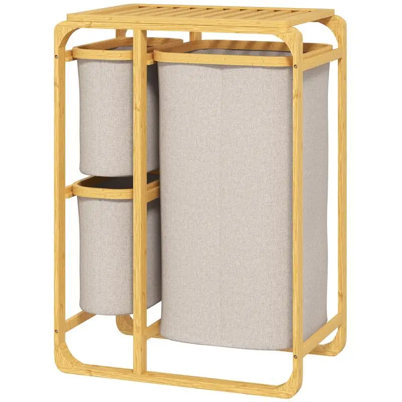 Bamboo Laundry Hamper with 3 Bags and Shelf