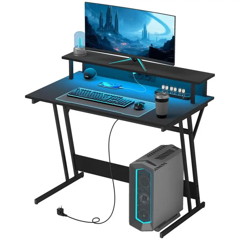 Gaming Desk with LED Lights and Monitor Stand, Made of Chipboard and Steel, 100x60x88.5 cm, Black