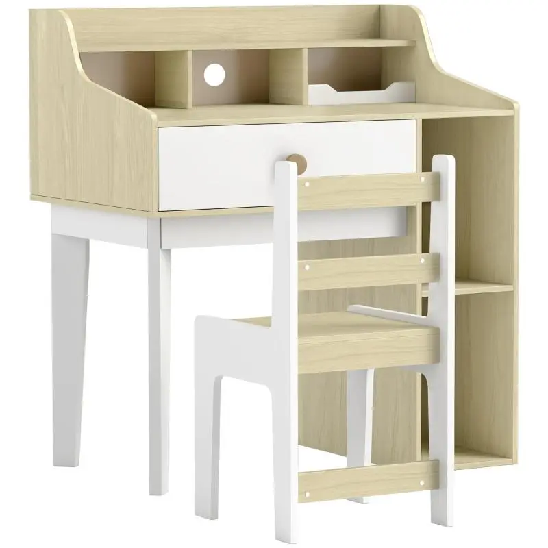 Children''s Wooden Desk and Chair Set with Shelf and Drawer, Ages 3-10, White and Wood