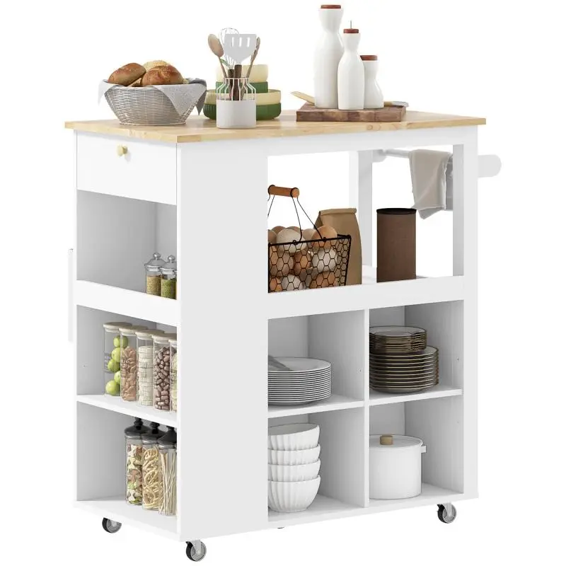 Kitchen Island Cart with Adjustable Shelves, White