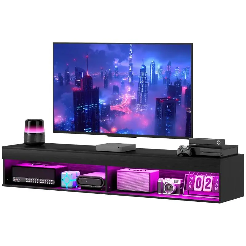 Wall-Mounted Storage Unit with 16-Color LED Lights and Remote Control, 180x40x30 cm, Black