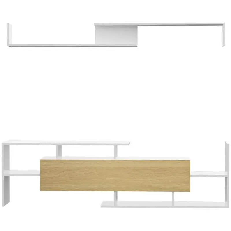 TV Stand with Wall Shelf, White and Natural Wood