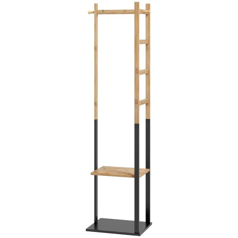 Freestanding Coat Rack with Shelves, Wood and Black