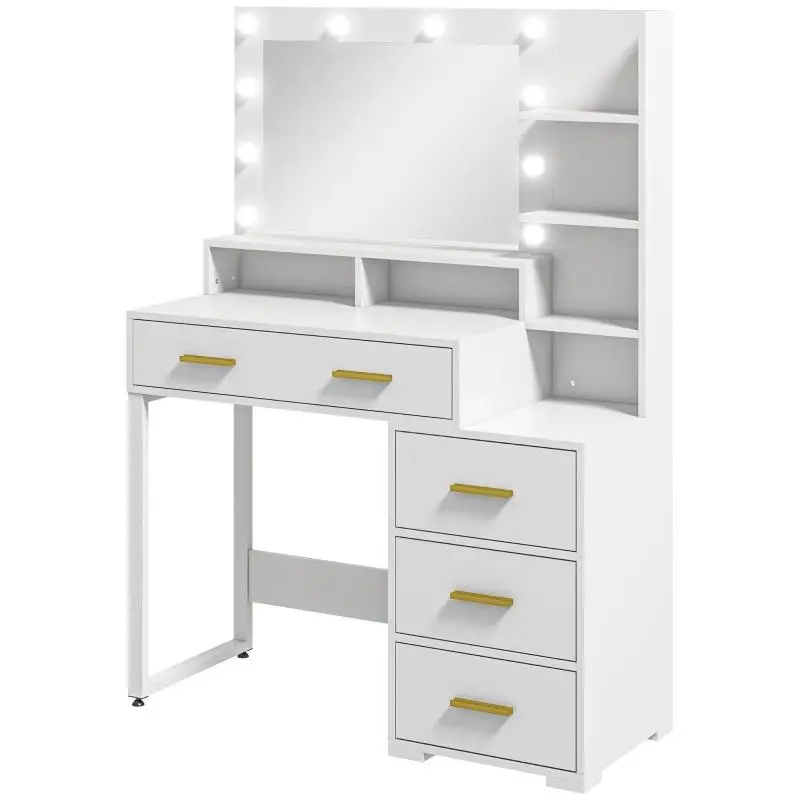 Dressing Table with LED Mirror, 4 Drawers and Shelves