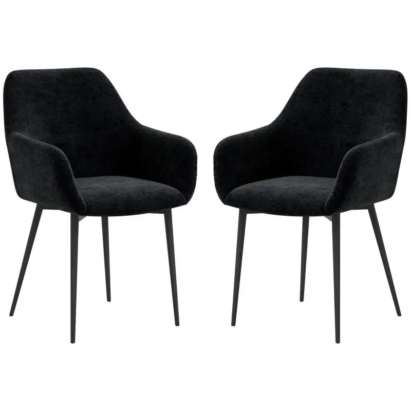 Set of 2 Modern Dining Chairs with Armrests, Padded Seat and Steel Legs, 54x57x80cm, Black
