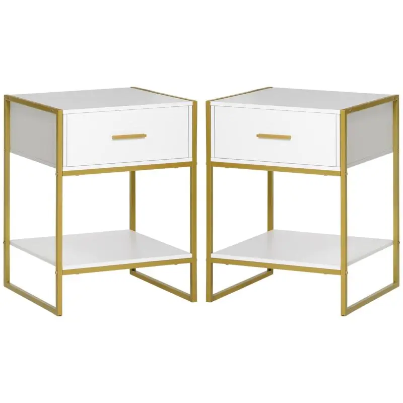 Set of 2 Bedside Tables with Drawer and Shelf, White and Gold