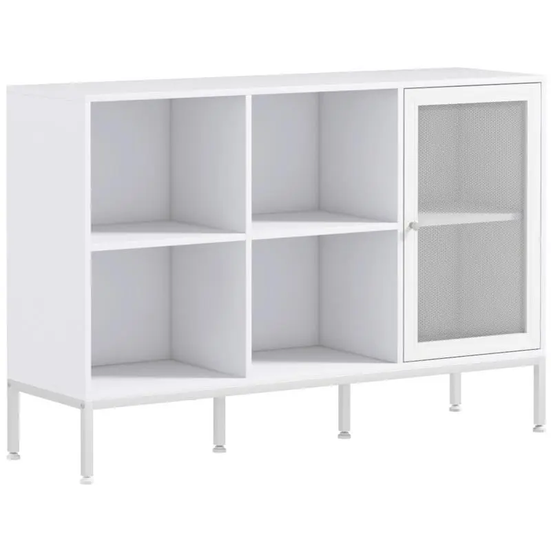 Buffet Cabinet with 4 Adjustable Open Shelves and Mesh-Door Cupboard, Particleboard and Steel Storage Unit, 120x37x81.5 cm, White