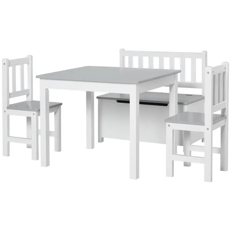 Children's Table Set with 2 Chairs and Storage Bench