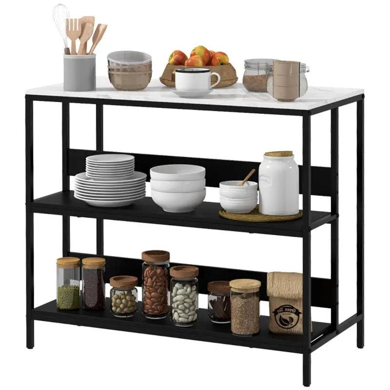 Kitchen Island with Shelves and Marble-Effect Top