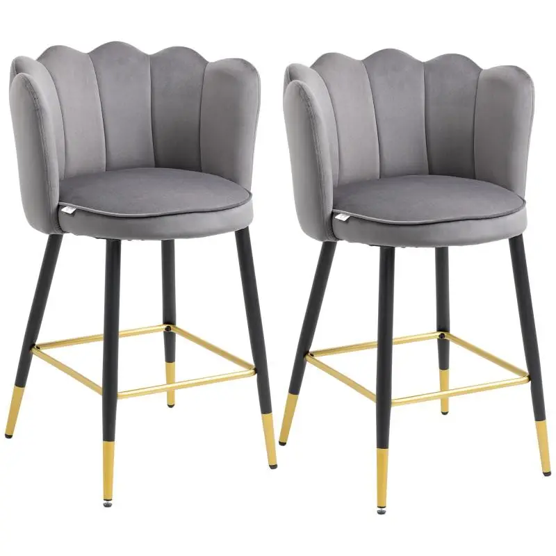 Set of 2 Bar Stools with Footrest, Grey