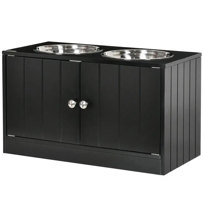 Elevated Dog Bowl Stand with Storage and 2 Bowls, Black