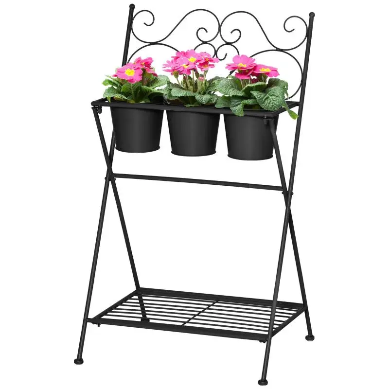 Foldable Metal Plant Stand with 3 Pots, Black