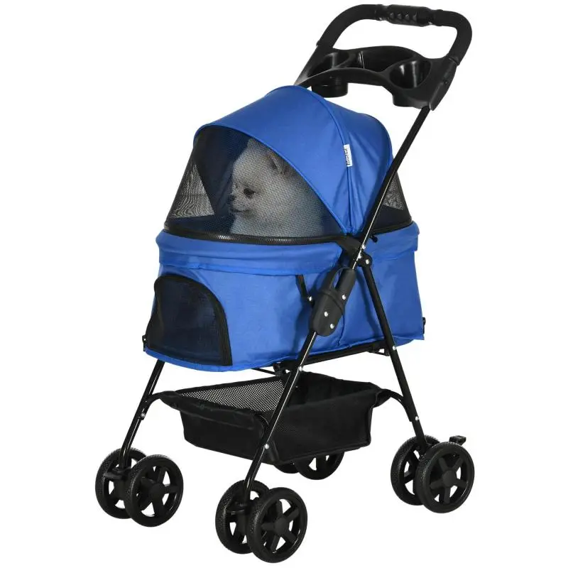 Foldable Dog Stroller with Storage Basket, Blue