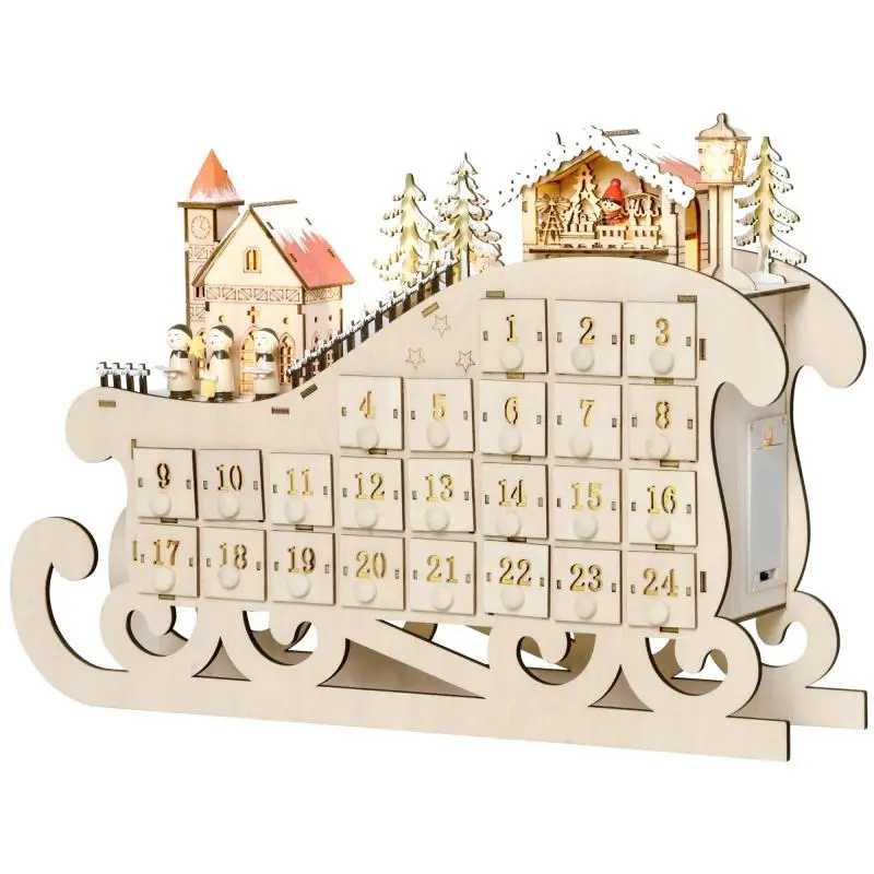 Wooden Sleigh-Shaped Advent Calendar, 45 cm