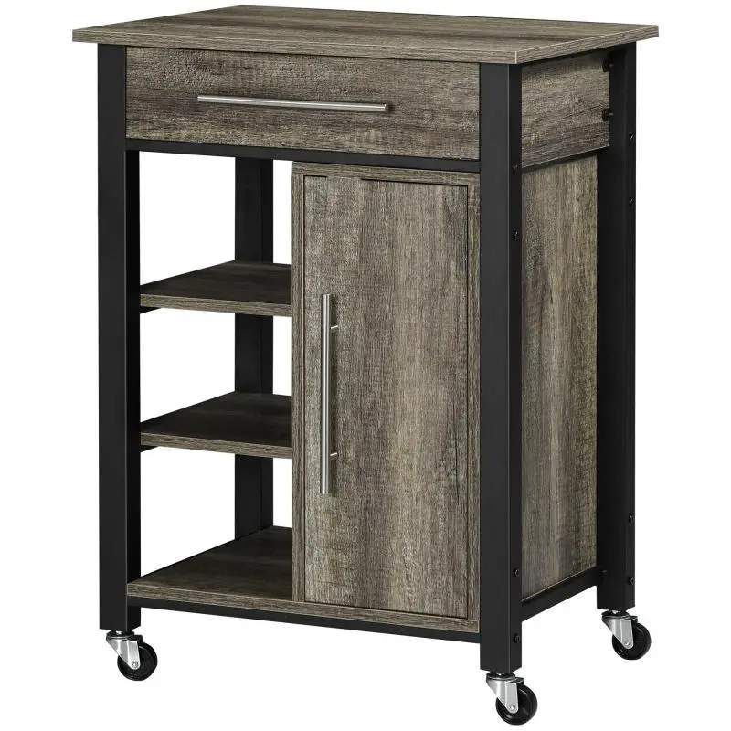 Kitchen Serving Trolley with Drawer, Shelves, Cabinet, and 4 Wheels, Particleboard, 60x50x84.5cm, Oak