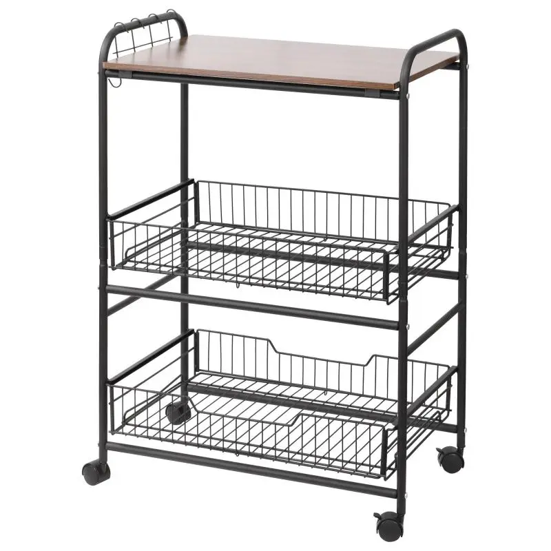 Kitchen Trolley with 2 Baskets and 4 Hooks, 60 cm