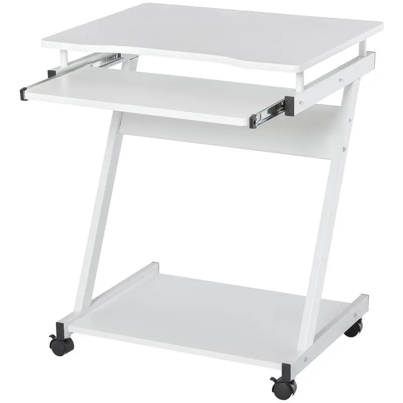 Computer Desk with Retractable Keyboard Tray and Shelf, White