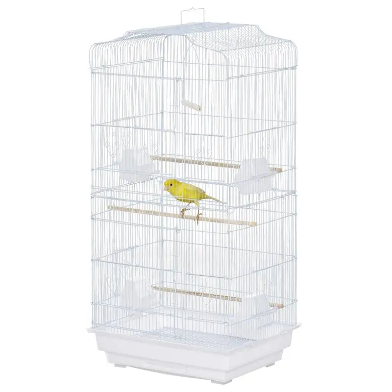 Portable Bird Cage with Handle, Removable Tray and Doors, Budgie Aviary with Wooden Perches, Swing and Food Bowls, 46.5x35.5x92cm, White