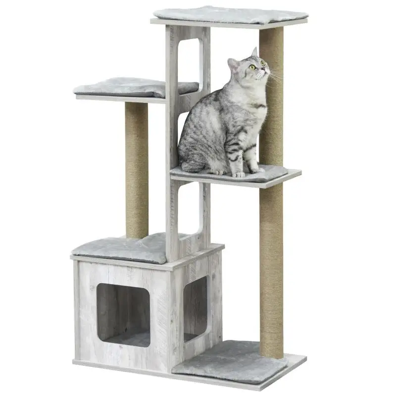 Multi-Level Cat Scratching Tree, 67 x 38.5 x 114 cm, Grey